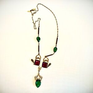 Sadie Green Signed Brass Tone Chain Burgundy and Green Glass Necklace